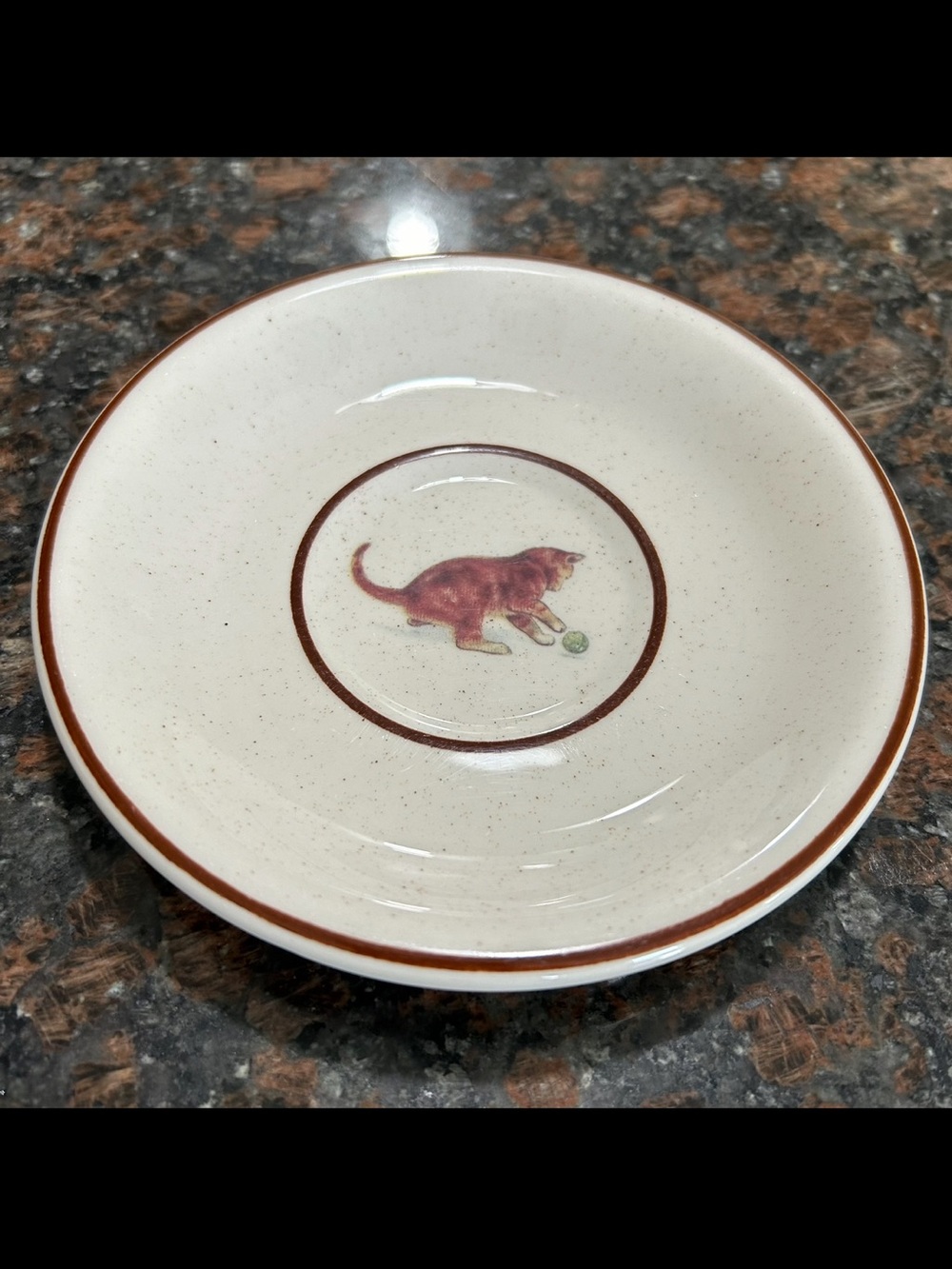 Cream Ceramic Cat Bowl with Brown Trim and Playful Cat Illustration